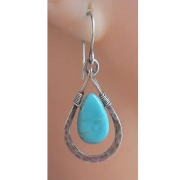 Bohemian Style Stimulated Turquoise Teardrop Gemstone Statement Earrings - Picture 2 of 3